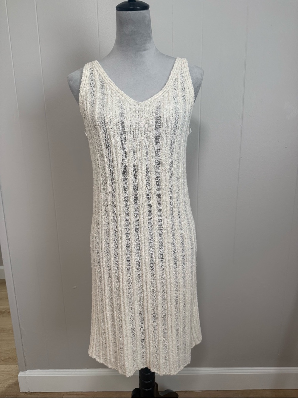 Ivory Cream Pointelle Knit Midi Dress V-Neck Crochet Revolve Style
